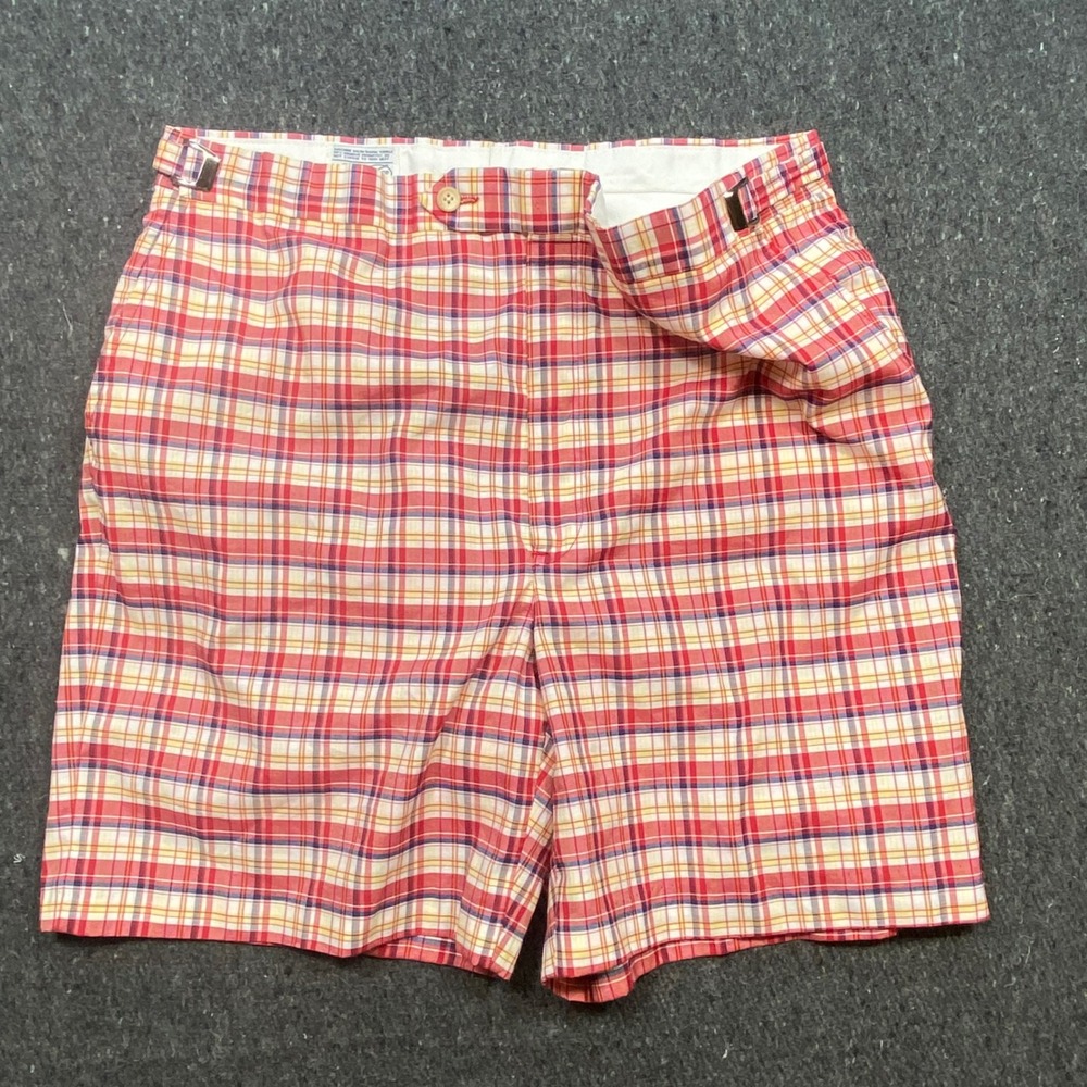 Higgins Slacks Preppy Mens Plaid Shorts‎ Red Yellow Blue Made in USA Side Buckle